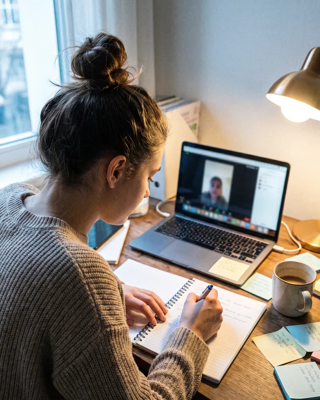 Creator on a video call, taking notes